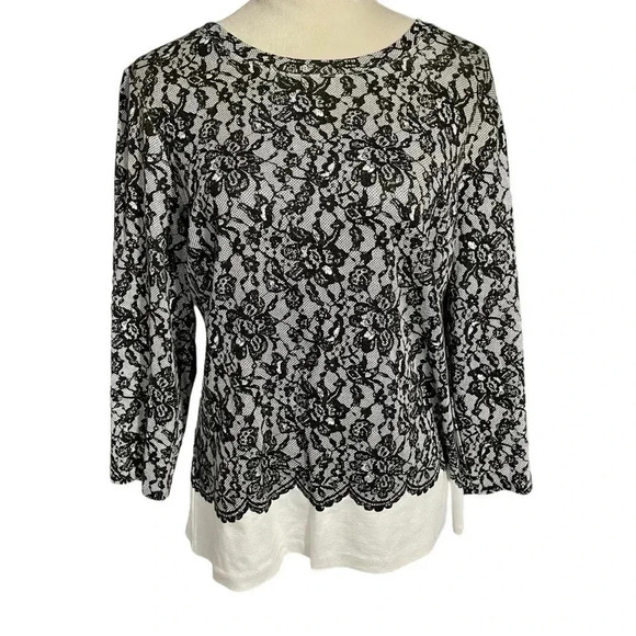 Talbots Floral Feminine Faux Lace Scallop Detail 3/4 Sleeves Top Women Size L - Picture 1 of 8